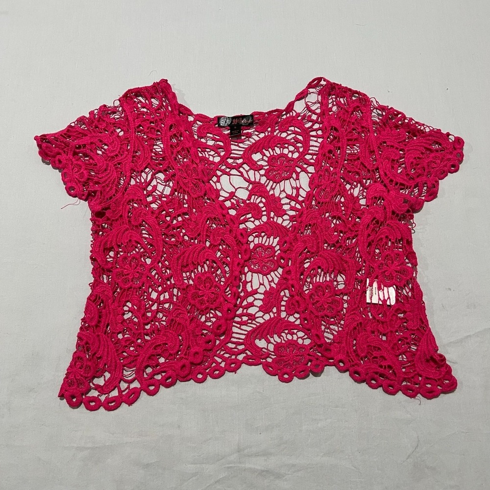 JJ Basics Womens Hot Pink Open Crochet Lace Cap Sleeve Boho Bolero Shrug Size S